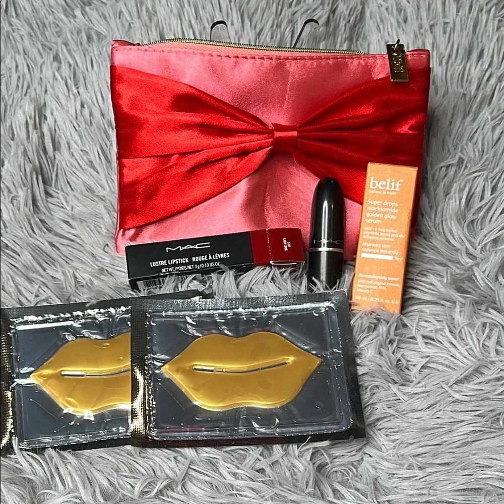 MAC LADY BUG Lustre Lipstick + Belif SUPER DROPS Vit C + Ipsy Bag + 2 Lip Masks
